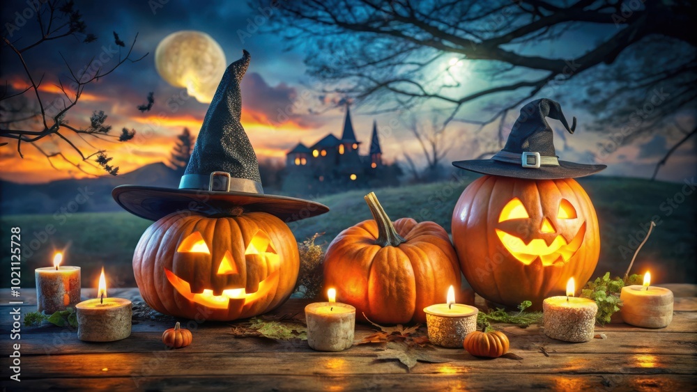 Poster two jack-o'-lanterns with witch hats and candles on a rustic wooden table with a blurry background o