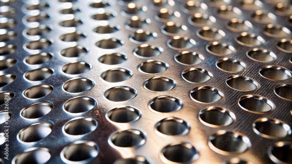 Leinwandbilder A close-up of a metal surface with a repeating pattern of evenly spaced circular holes, creating a subtle texture and reflecting light in an intriguing way.