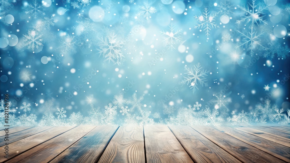 Poster a rustic wooden tabletop set against a sparkling winter wonderland background of delicate snowflakes