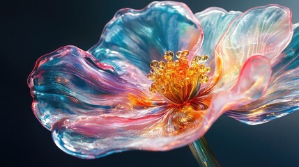 A delicate hand-blown glass sculpture in the shape of a flower, lit by natural light, with translucent petals and vibrant colors