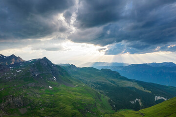 highland panorama of Swiss Alps mountains. Alpine valley Grindelwald. Jungfrau region, Switzerland.