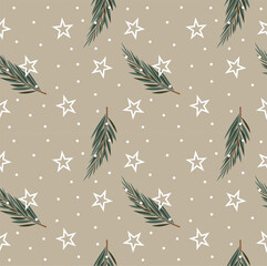 Christmas and New Year seamless pattern with branches of fir tree, stars and drops