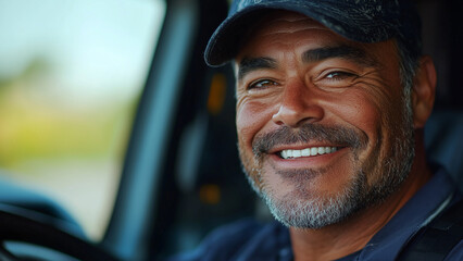 Obraz premium Latino Hispanic Man Truck Driver - smiling man, truck driver, male driver, professional driver, happy expression, close-up portrait, vehicle interior, blue cap, facial hair