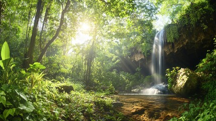 Obraz premium Serene Unseen Waterfall in Thailand: Lush Greenery and Sunlight Streaming Through Foliage, Ultra-Detailed Photography