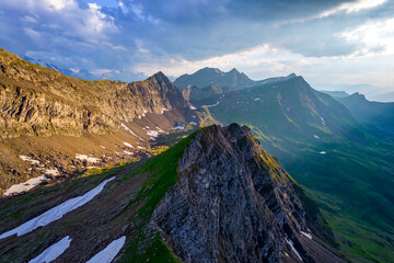 highland panorama of Swiss Alps mountains. Alpine valley Grindelwald. Jungfrau region, Switzerland.