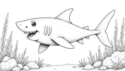 Obraz premium coloring book black and white illustration shark swimming