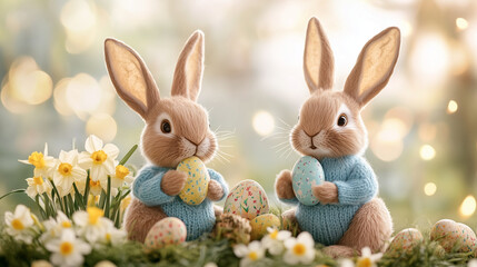 Two adorable bunnies in blue sweaters hold Easter eggs.