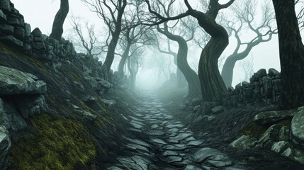 Mysterious Foggy Forest Path with Twisted Trees, AI