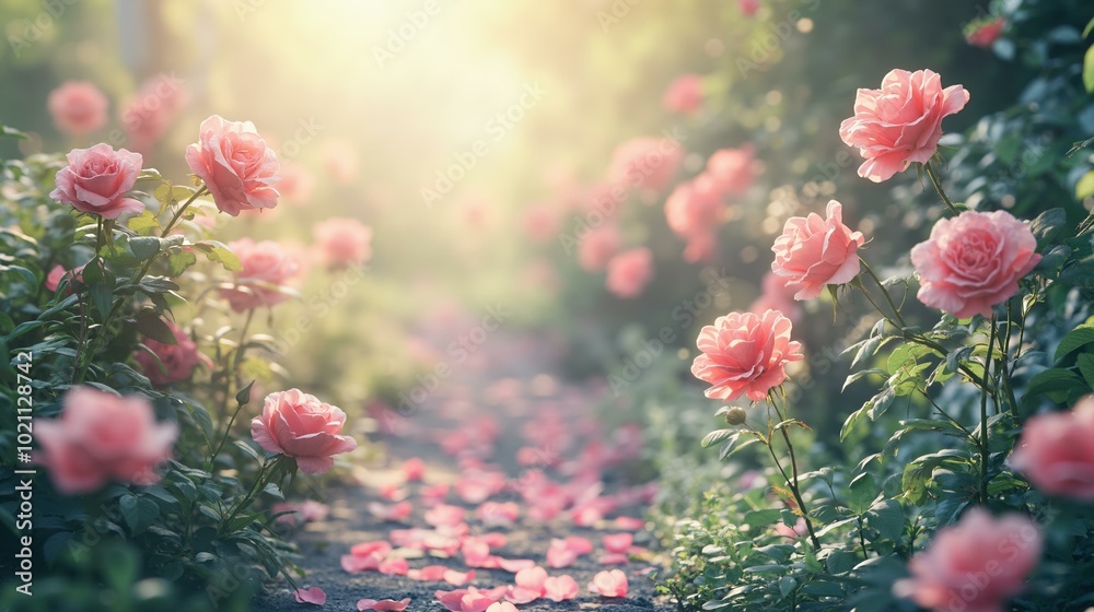 Wall mural Enchanting rose garden pathway at sunrise for romantic and relaxing design.