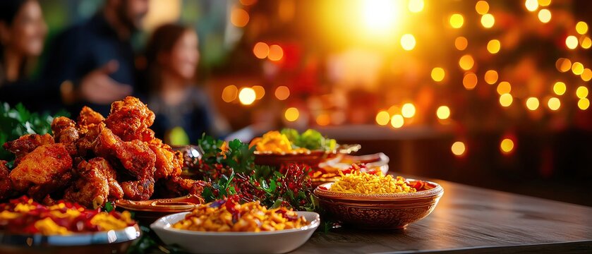 A family gathered around a table filled with traditional Diwali foods, with soft light creating warmth and emphasizing the textures of the dishes