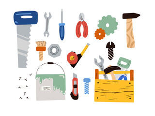 Kids collection of various repair tools in a cartoon style. A set for decorating toys, construction sets, children room or workshop, as educational material, fabrics, wallpapers
