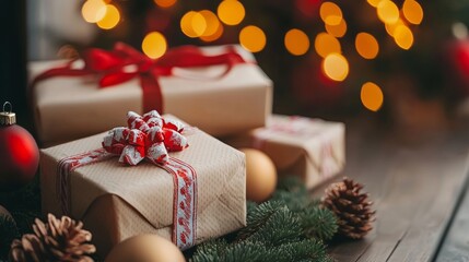 Christmas gifts with red ribbons and festive decorations