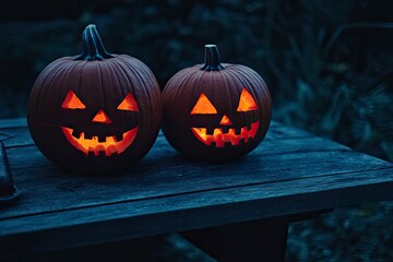 Illuminated Halloween Carved Pumpkins on wooden table. Holiday background. with generative ai