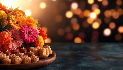 A traditional thali decorated with flowers, sweets, and diyas, set against a backdrop of festive lights, with soft natural lighting adding warmth and depth