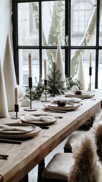 Scandinavian-inspired holiday table with candles and minimalist decor by arched window. Cozy winter dining setting, rustic Christmas style