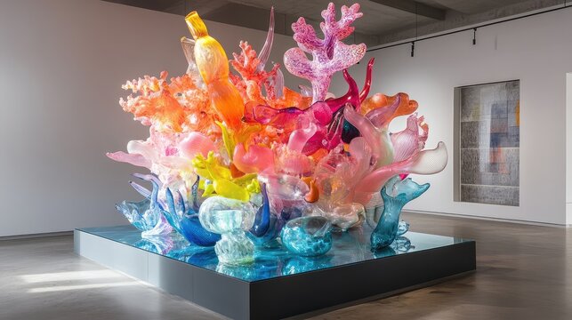 A large, colorful blown-glass sculpture resembling a coral reef, displayed in a museum, capturing light from various angles