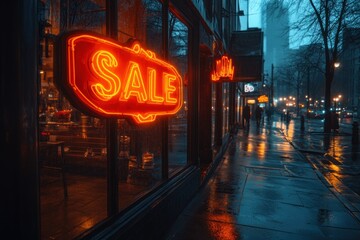 A neon "SALE" sign illuminates a storefront window in a city street during a rainy evening.