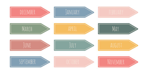 Stickers, arrows, bookmarks with name of 12 months of year. For document management, notes, planners, diary, scrapbooking