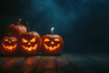 Illuminated Halloween Carved Pumpkins on wooden table. Holiday background. with generative ai