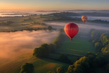 Obraz premium Two colorful hot air balloons soar over a misty landscape at sunrise. The soft fog creates a dreamy atmosphere. Perfect for travel and adventure themes. Generative AI