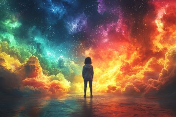 Fototapeta premium A child stands in a vibrant, colorful nebula, symbolizing the wonder of imagination and the importance of mental health awareness, perfect for Mental Health Day campaigns.