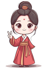 A Chinese girl wearing Hanfu gives a victory sign