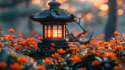 Stone Lantern in a Field of Orange Flowers 3D Illustration
