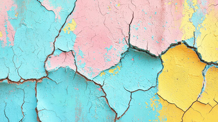 A vibrant cracked wall with pastel shades of blue, pink, and yellow, showcasing an abstract pattern that evokes artistic expression and creative energy.