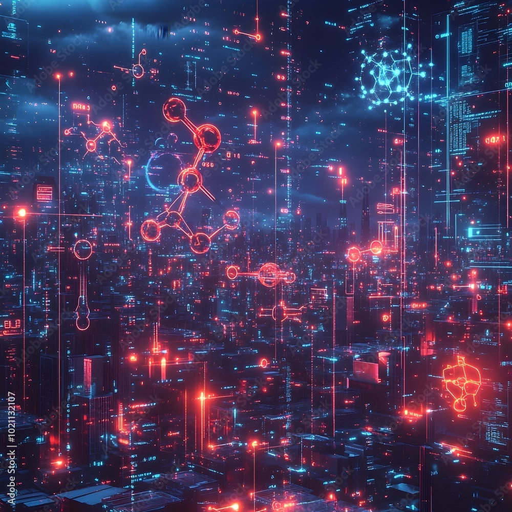 Fototapete futuristic digital landscape with a sleek neon lit cityscape featuring advanced holographic technolo