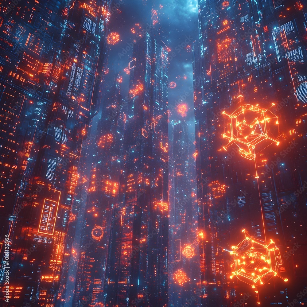 Aufkleber Futuristic digital realm featuring abstract molecular structures geometric scientific symbols and advanced AI powered holograms and data displays