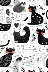 Cute black and white cat illustration with hearts, leaves, and dots.