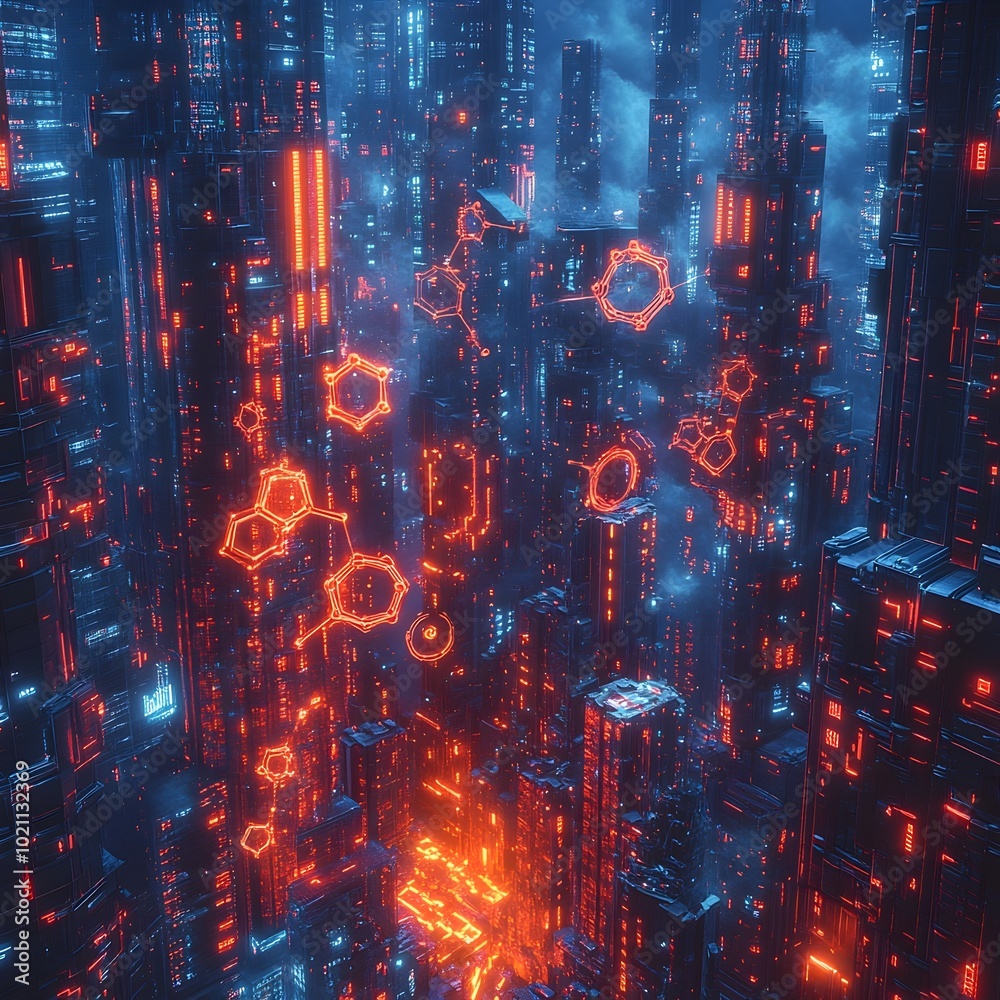 Aufkleber futuristic digital realm featuring abstract molecular structures and geometric scientific symbols il