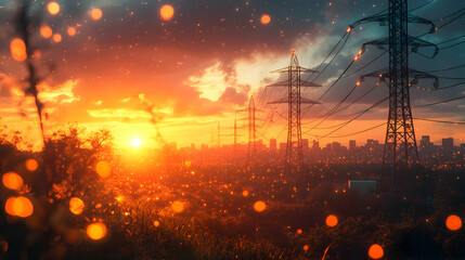 Obraz premium Sunset Cityscape with Power Lines Illustration