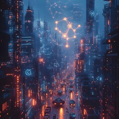 Obraz premium Dystopian futuristic cityscape shrouded in a haze of holographic data and molecular structures projected onto the skyscrapers with neon lit streets bustling with hover vehicles and pedestrians