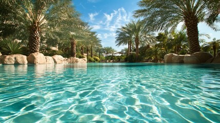 Fototapeta premium Serene Oasis in Unseen Thailand - Tranquil Desert Landscape with Palm Trees and Sparkling Blue Pool for Refreshing Escape, Ultra Detailed View