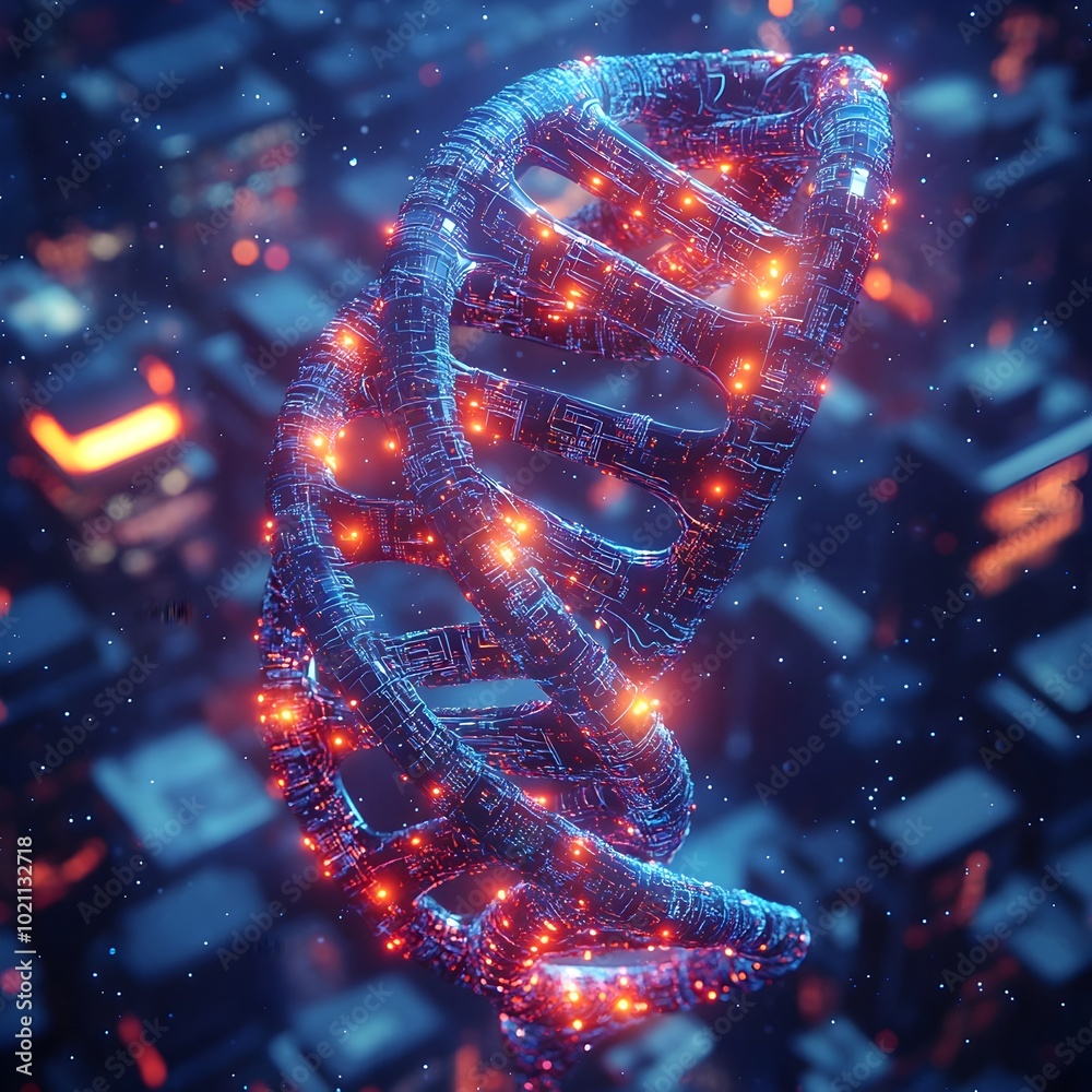 Poster Glowing neon biotech interface with intricate DNA strands intertwined with sleek circuit board elements cutting edge digital art in a luminous and futuristic style with an urban cityscape backdrop