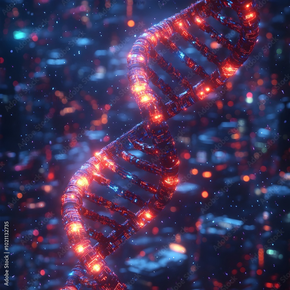 Leinwandbilder glowing neon biotech interface with intricate dna strands intertwined with sleek circuit board eleme