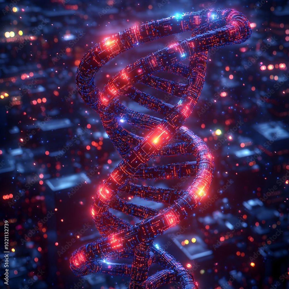 Leinwandbilder glowing neon biotech interface featuring intricate dna strands intertwined with sleek circuit board 