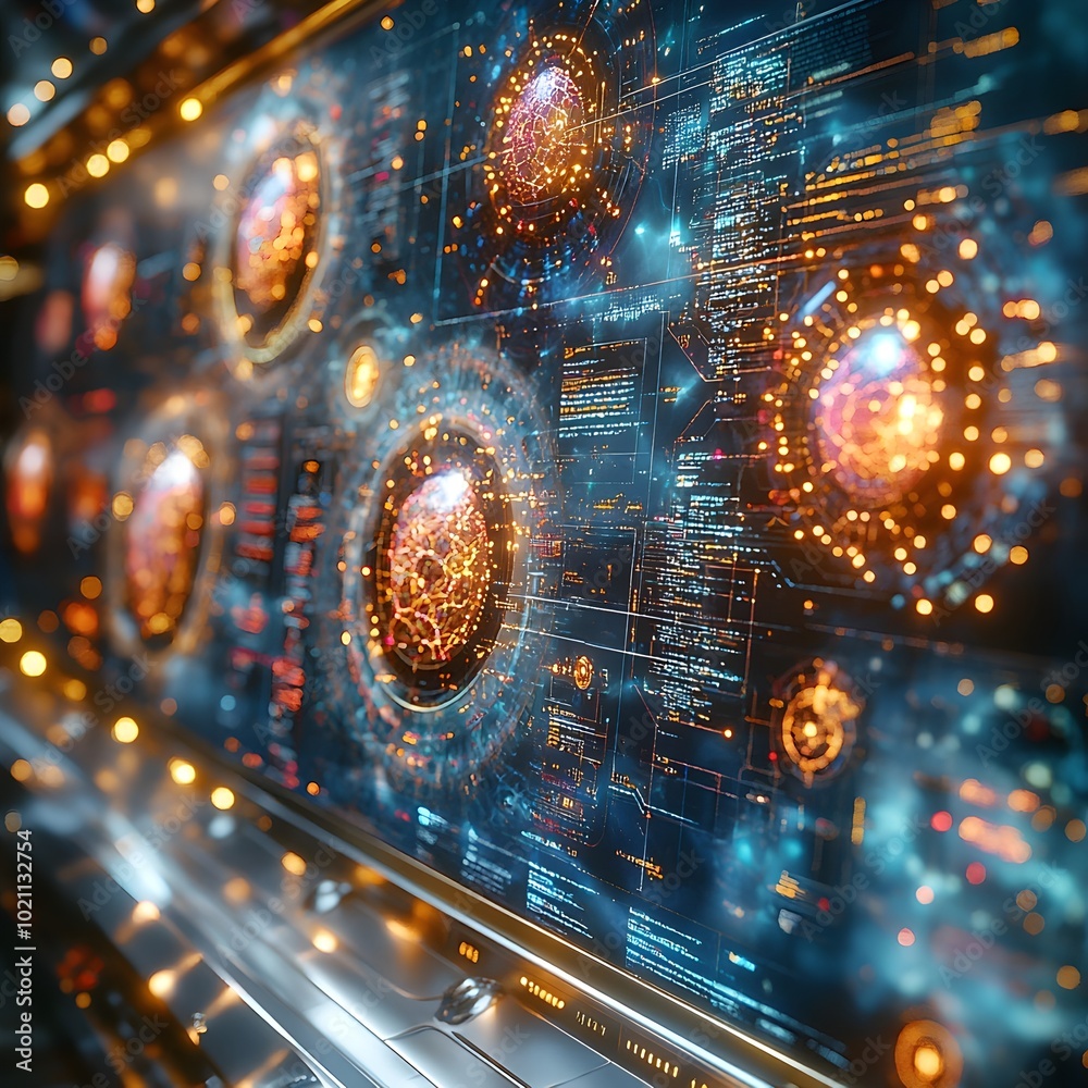 Aufkleber Sleek metallic surface with holographic biotechnology visualizations advanced technological display screens and pulsing data nodes in an abstract luminous digital aura
