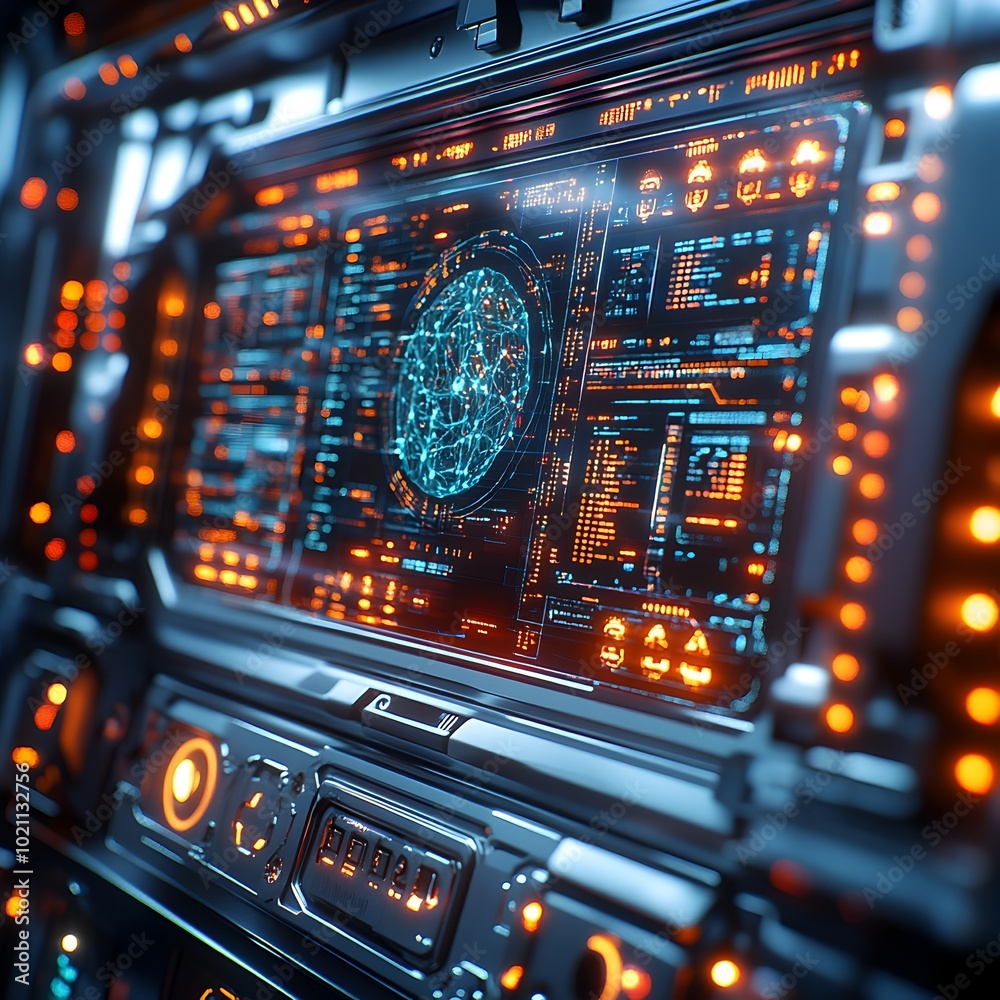 Poster Sleek and advanced metallic surface with holographic biotechnology visualizations pulsing data nodes and abstract geometric shapes creating a modern futuristic