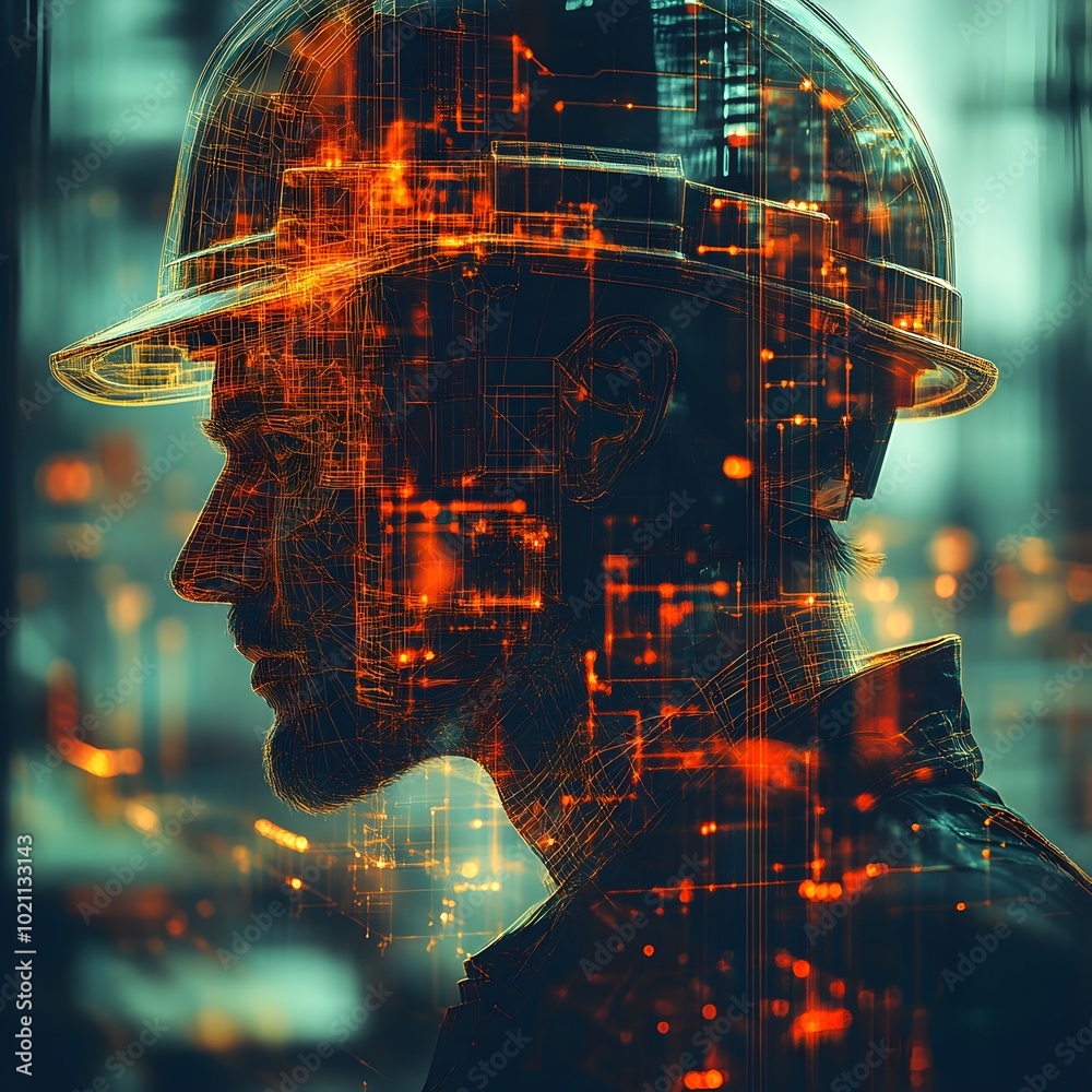 Poster Visionary architectural engineering project showcasing a futuristic building design with double exposure graphic elements abstract wireframe models CAD renderings