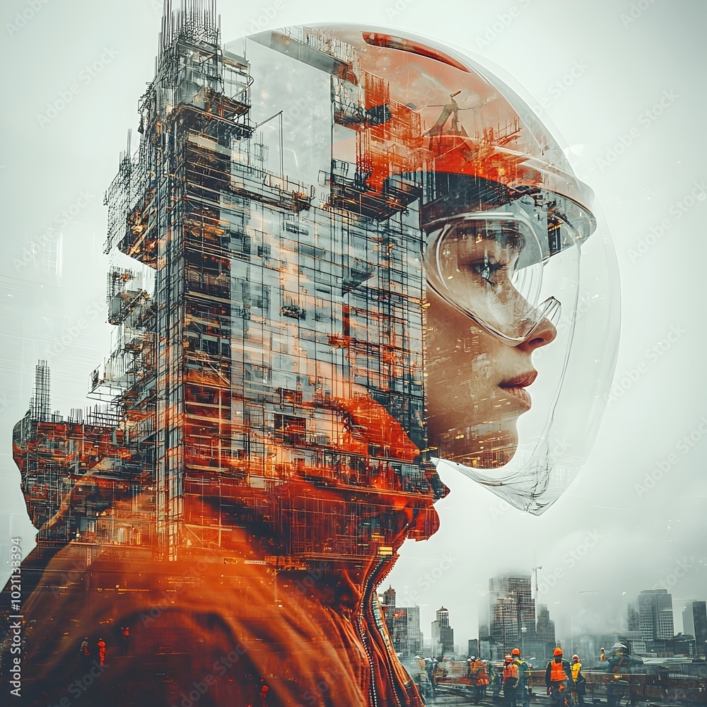 Aufkleber Innovative Structural Engineering and Architectural Design Conceptualization Captured in a Futuristic Double Exposure Digital Collage of a Skyscraper Construction Site with Sleek Angular Geometric