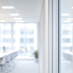 A modern office interior featuring glass walls and a conference area with natural light.