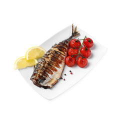 Delicious grilled mackerel, tomatoes, peppercorns and lemon isolated on white, above view