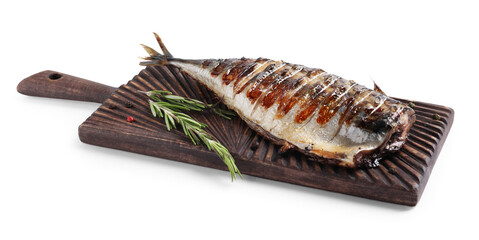 Board with delicious grilled mackerel, peppercorns and rosemary isolated on white