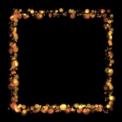 Gold sparkle or glitter lights effect square frame, transparent light bokeh, isolated. Golden border, jewel deco art. Shining dust glowing confetti. Spark object. Png