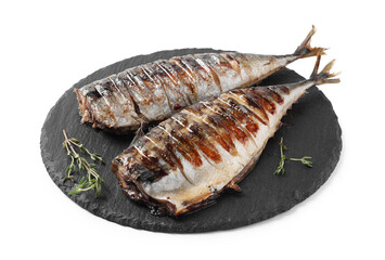 Delicious grilled mackerel, thyme and lemon isolated on white