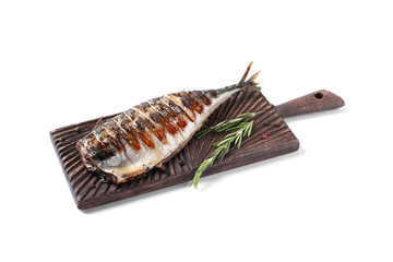 Board with delicious grilled mackerel, peppercorns and rosemary isolated on white