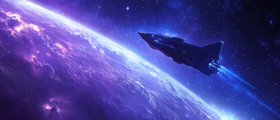 Fototapeta premium Futuristic spacecraft soaring above a vibrant, purple-hued planet in space.