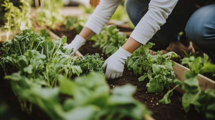 Fototapeta premium .Person tending to leafy greens in a home vegetable garden